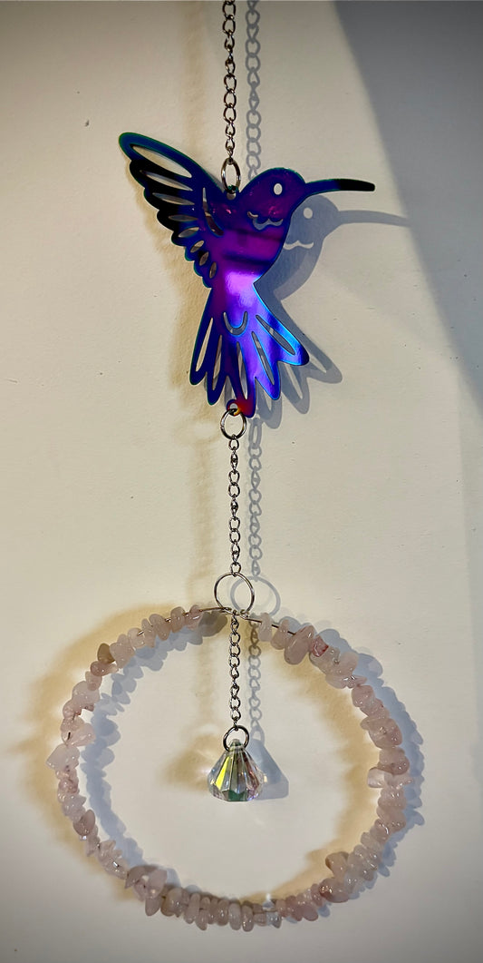 Medium Rose Quartz Suncatcher with Hummingbird