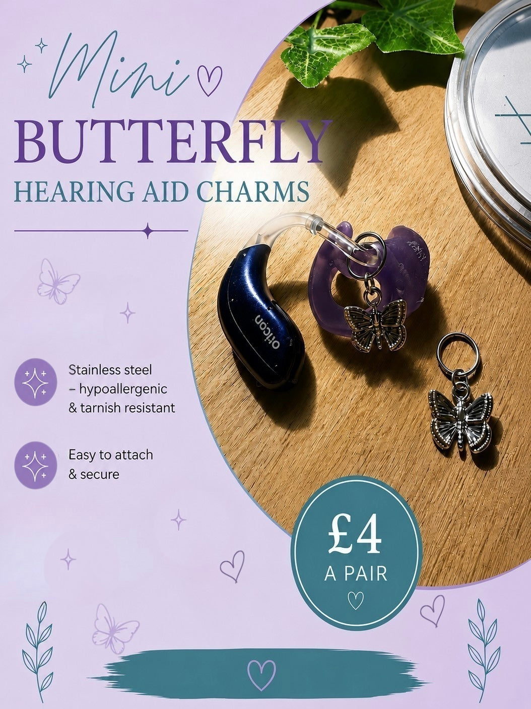 Mini Butterfly Hearing Aid Charms (Pair)