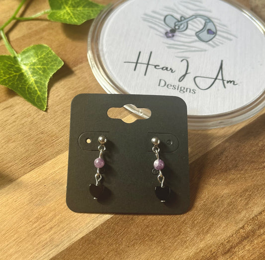 Stainless Steel Stud Earrings with Whitby Jet Hearts & Crystal Beads