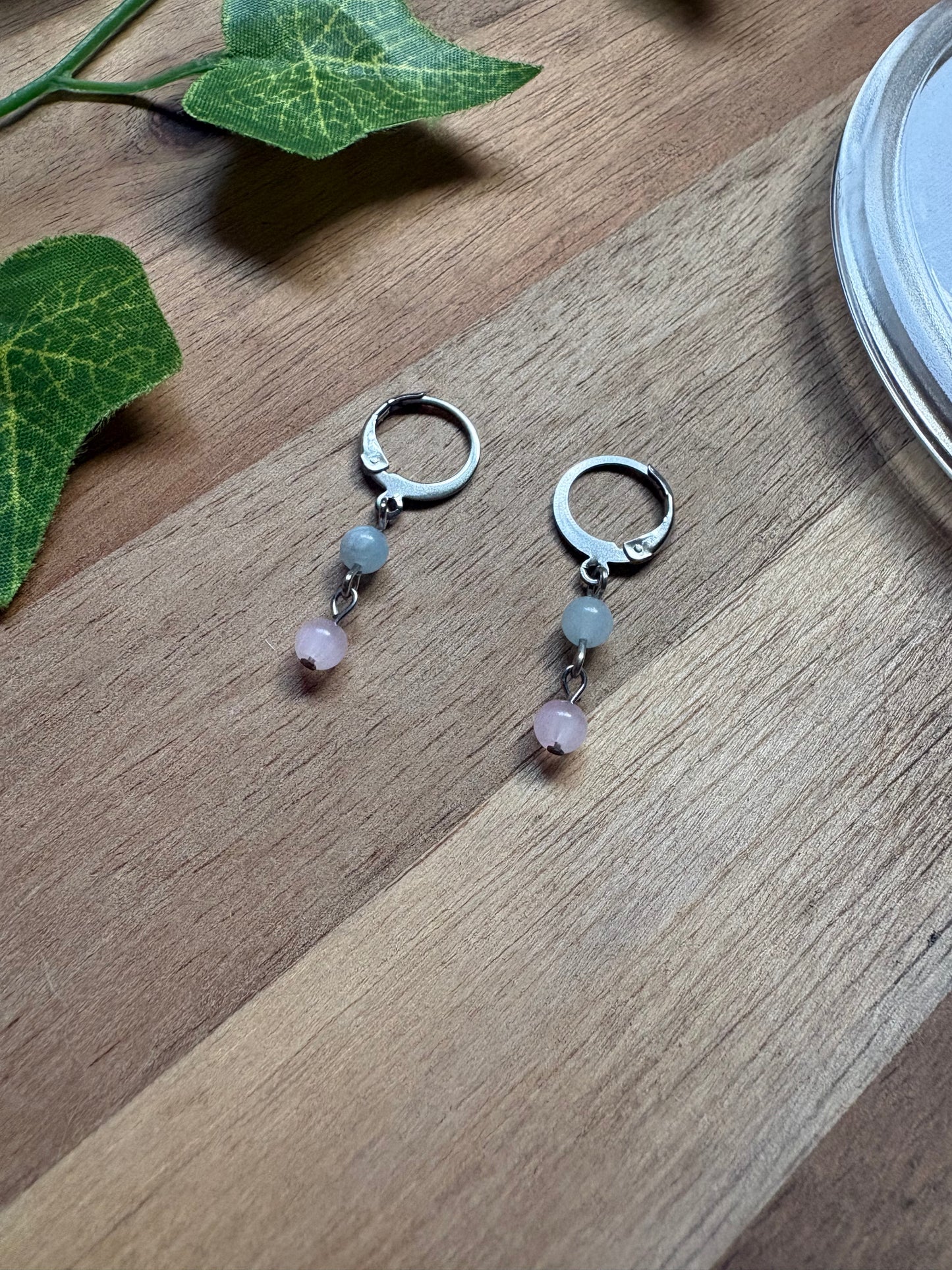 ✨ Aquamarine & Pink Glass Beaded Earrings with Lever Backs