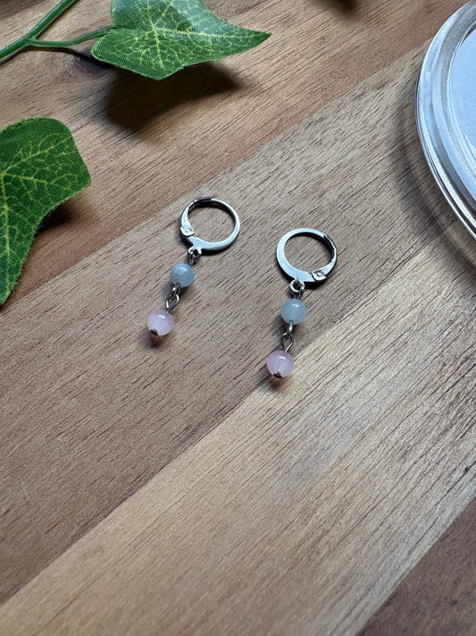 ✨ Aquamarine & Pink Glass Beaded Earrings with Lever Backs