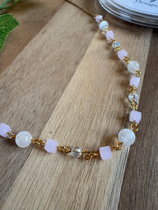 Hand-Beaded Selenite & Pink Glass Necklace – Gold-Plated Stainless Steel, 16”