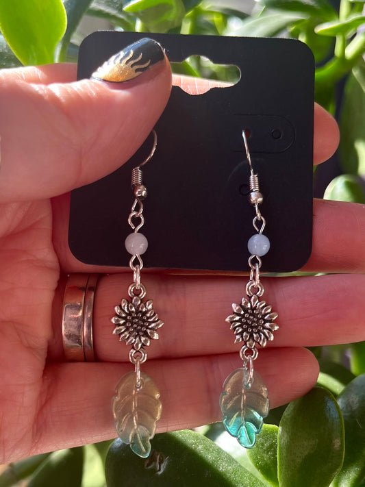 Stainless Steel Sunflower and Leaf Earrings