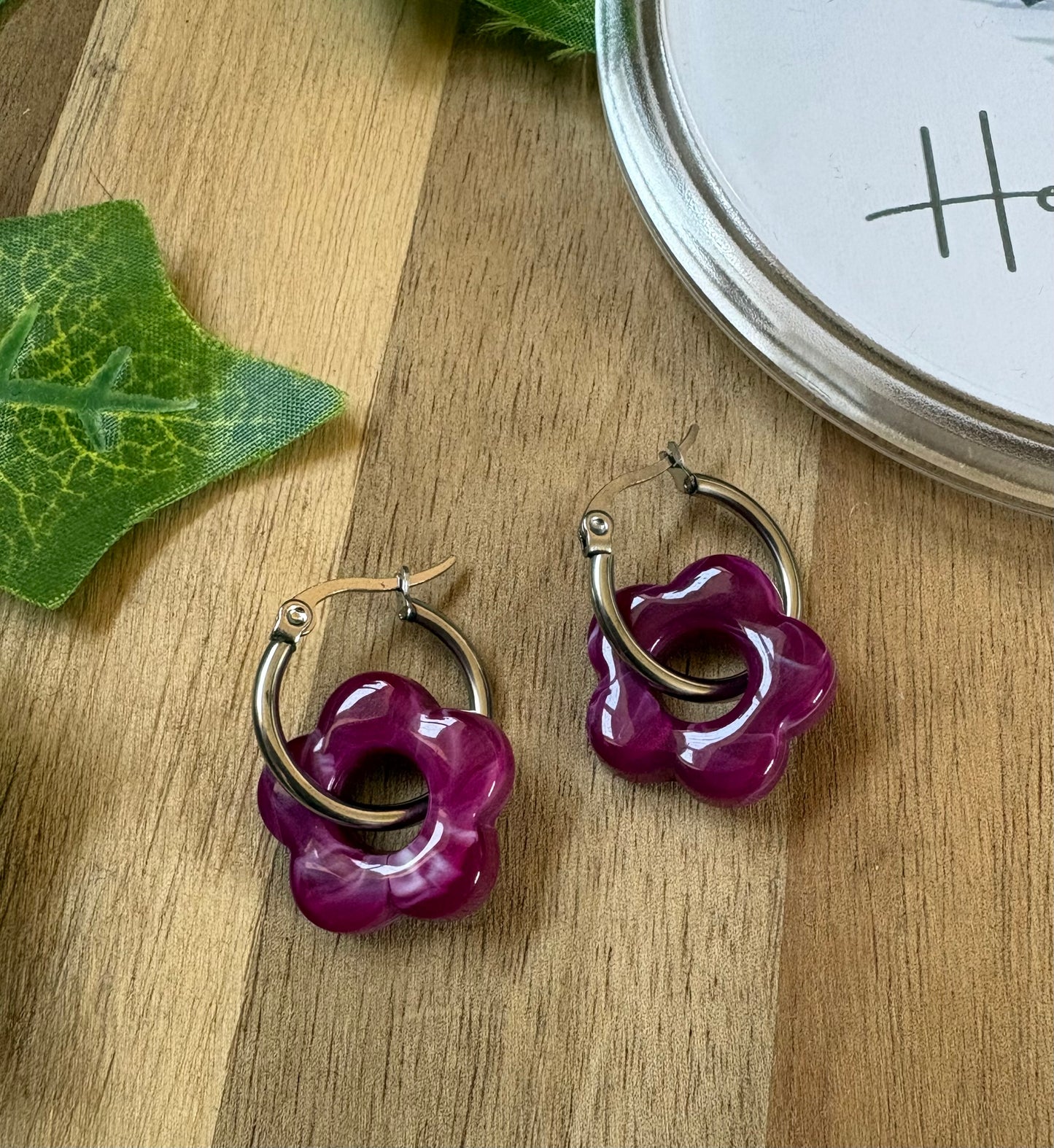 Spring Collection Stainless Steel Hoop Earrings with Acrylic Flowers
