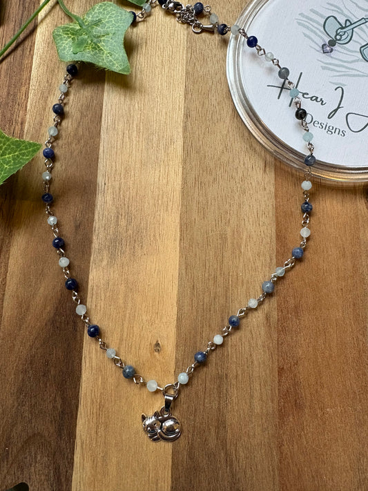 Handcrafted Cat Charm Necklace with Aquamarine & Sodalite Beads