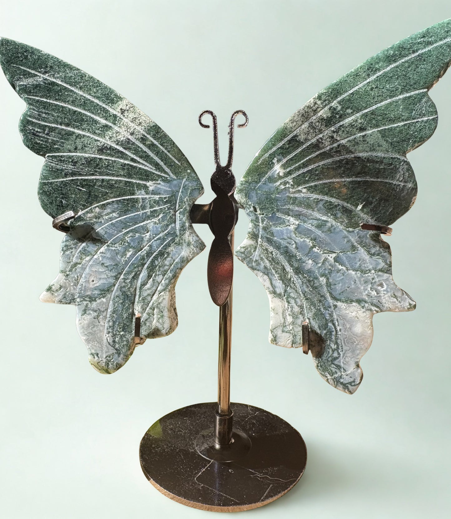 Moss Agate Butterfly Wings on Silver Stand – Hand Carved Natural Crystal Sculpture