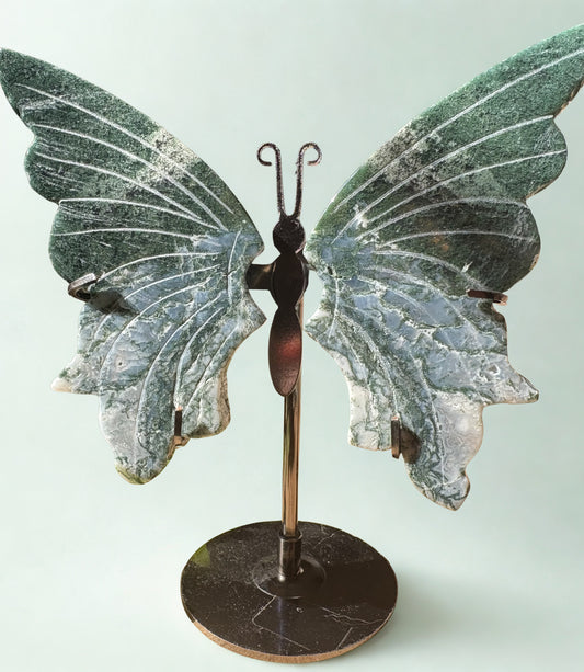 Moss Agate Butterfly Wings on Silver Stand – Hand Carved Natural Crystal Sculpture