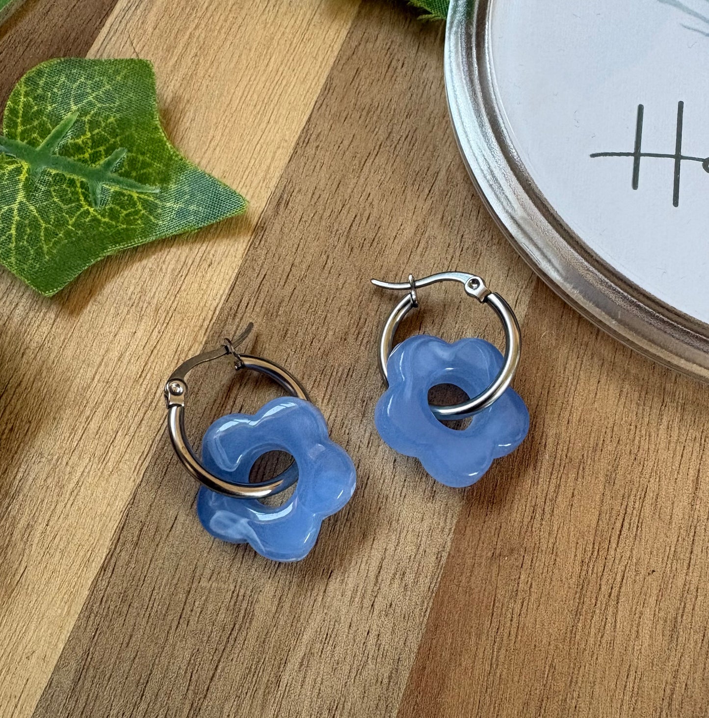 Spring Collection Stainless Steel Hoop Earrings with Acrylic Flowers