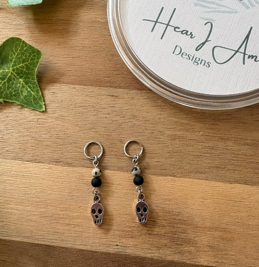 💀 Skull Hearing Aid Charms with Black Glass & Dalmatian Jasper Beads