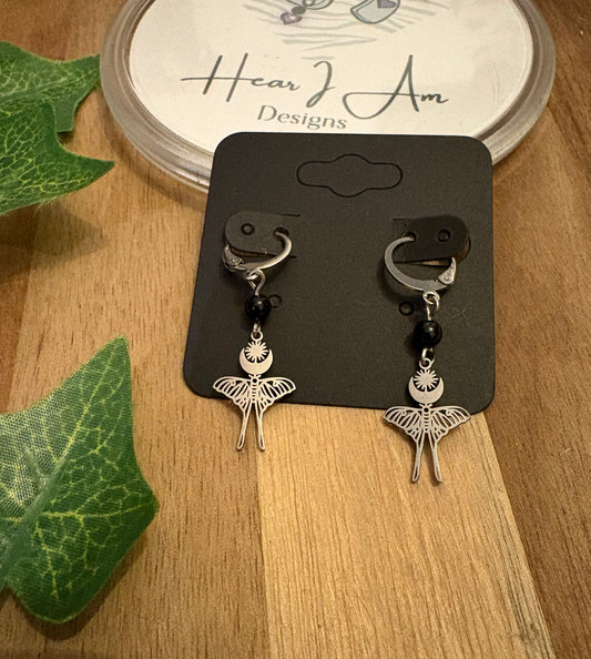 Stainless Steel Lunar Moth Lever Back Huggie Earrings with Black Obsidian Beads