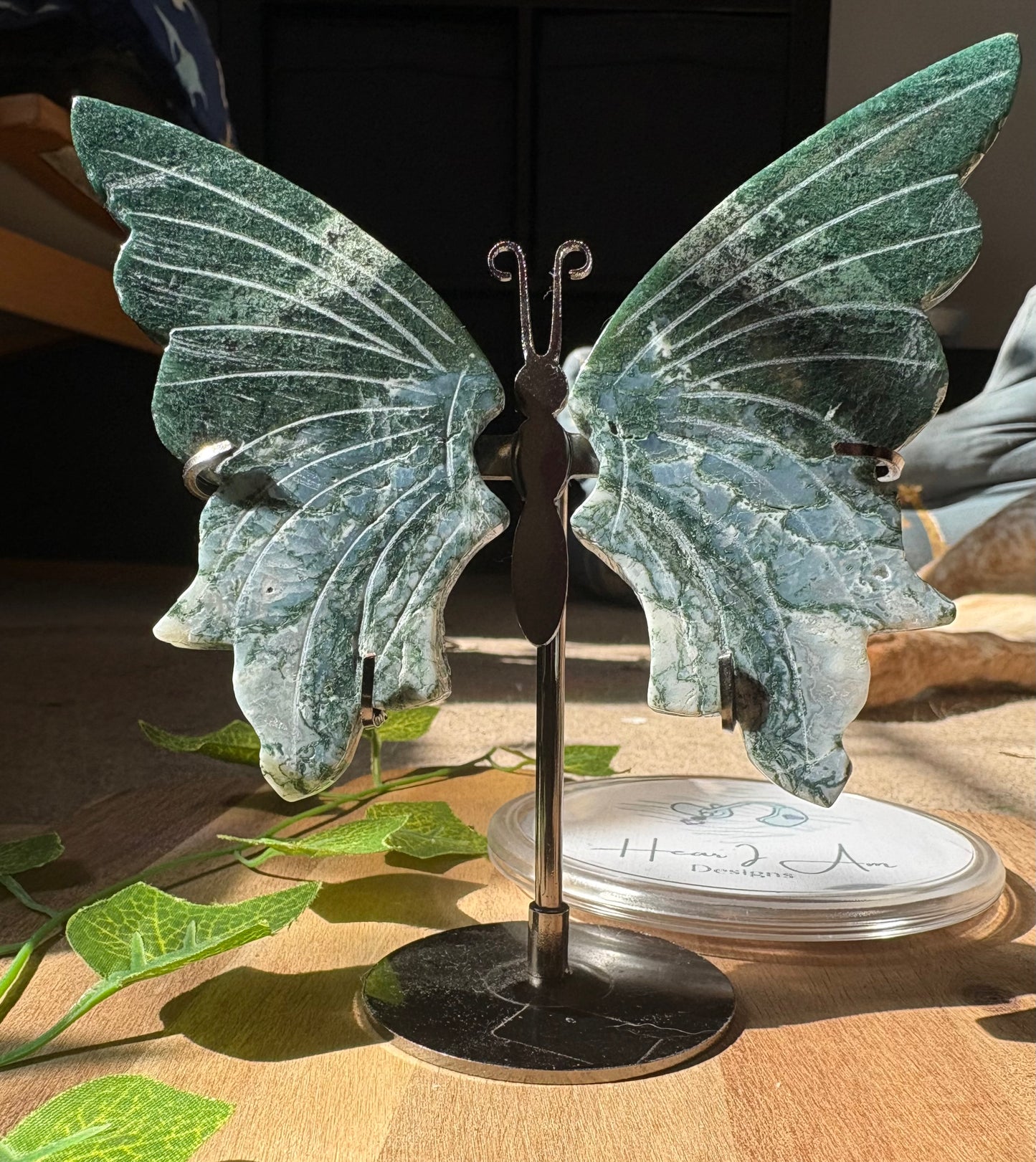 Moss Agate Butterfly Wings on Silver Stand – Hand Carved Natural Crystal Sculpture