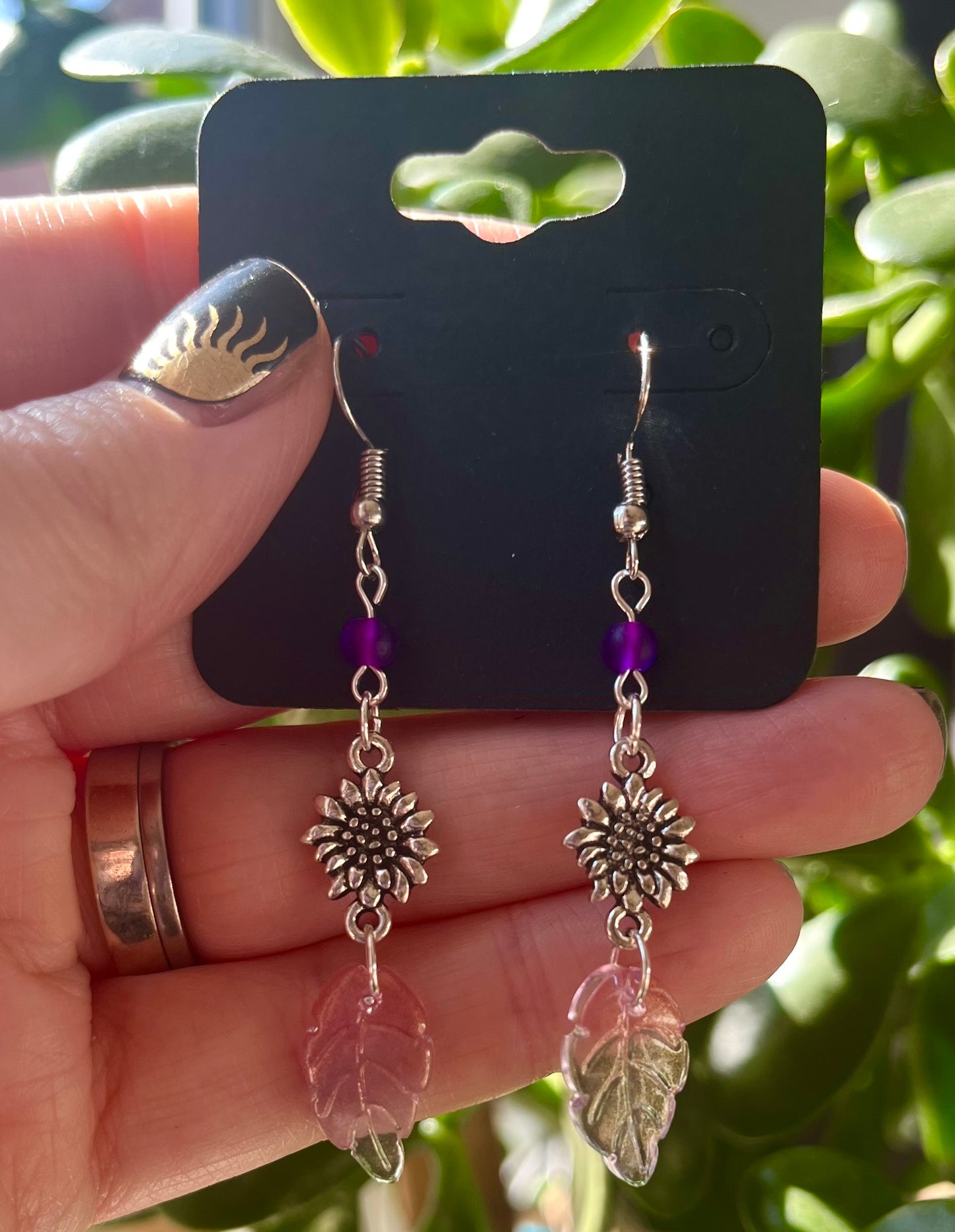 Stainless Steel Sunflower and Leaf Earrings