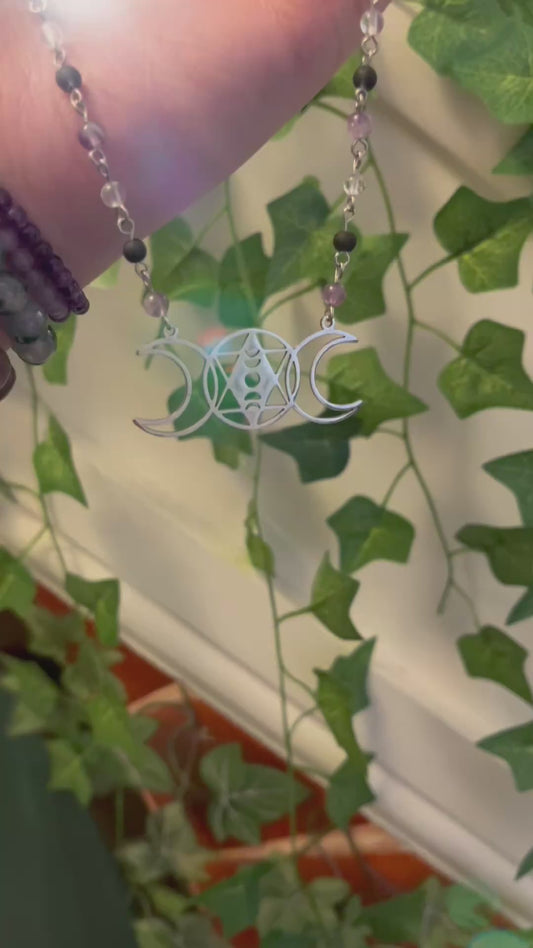 Moon Phase Beaded Necklace - Amethyst, Clear Quartz and Lava Stone