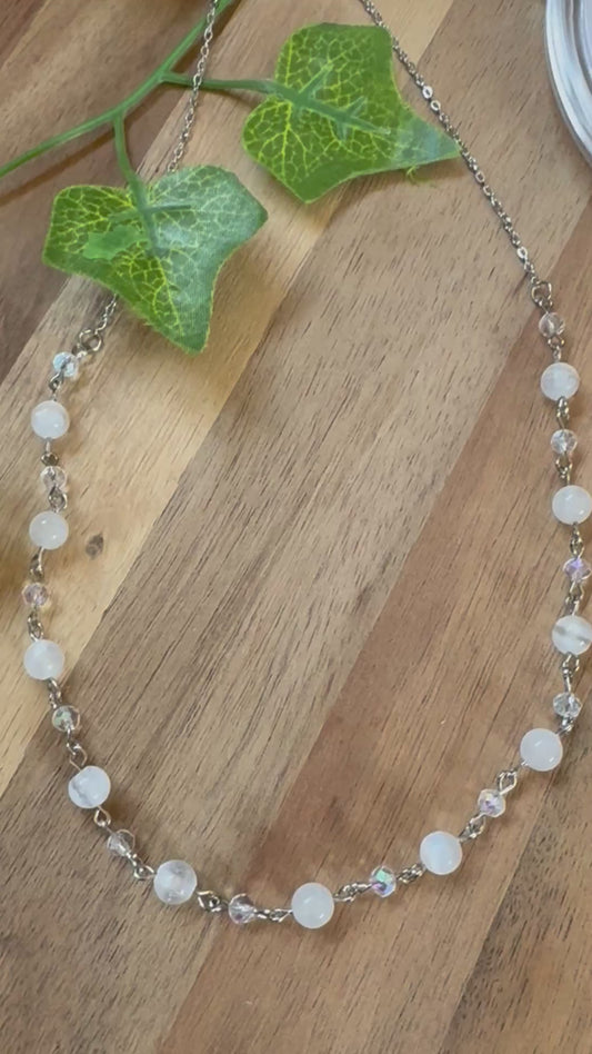 ✨ Easy-Fasten Moonstone and Selenite Bead Necklace with Toggle Clasp