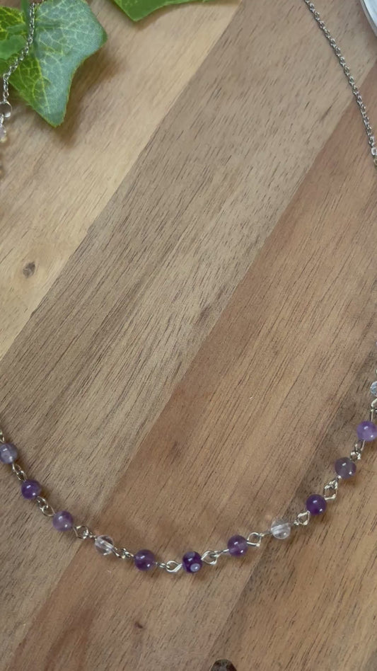 ✨ Easy-Fasten Amethyst and Clear Quartz Bead Necklace with Toggle Clasp